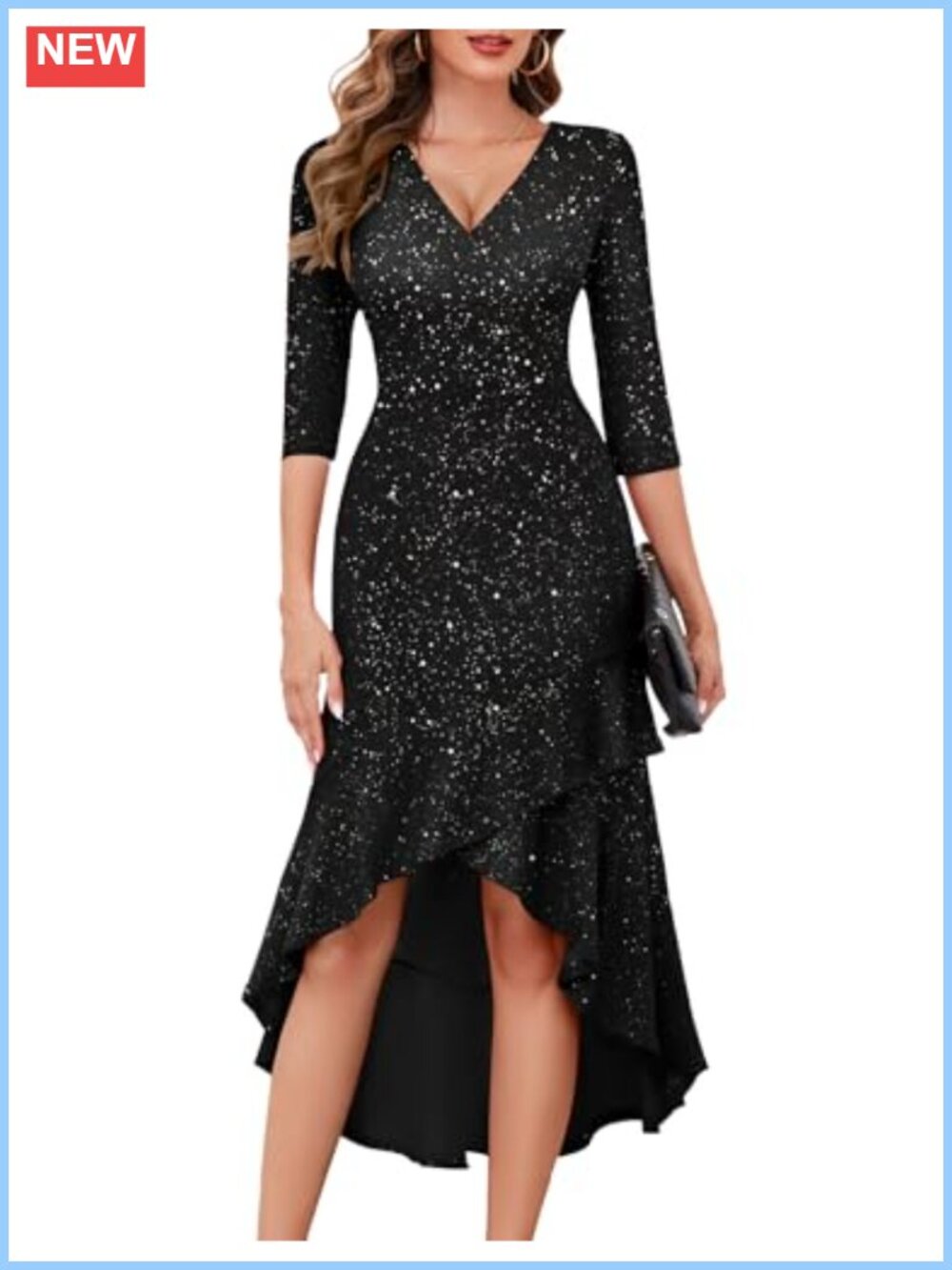 3/4 Sleeve V Neck Sequin Midi Dress Ruffled Hem Formal Wedding Guest